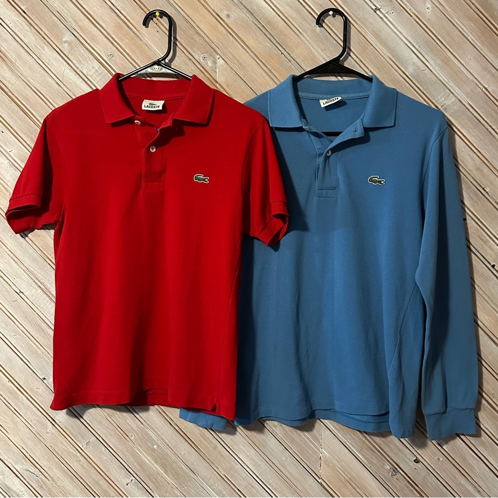 2 Lacoste Men's Polo Shirts Red & Blue Collared Long & Short Sleeve Dress Tops